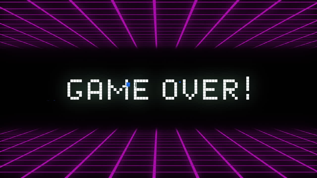 흑색 배경에 색으로 쓰여진 게임 위에 보라색 그리드가 위쪽과 아래쪽을 움직이고 있습니다.