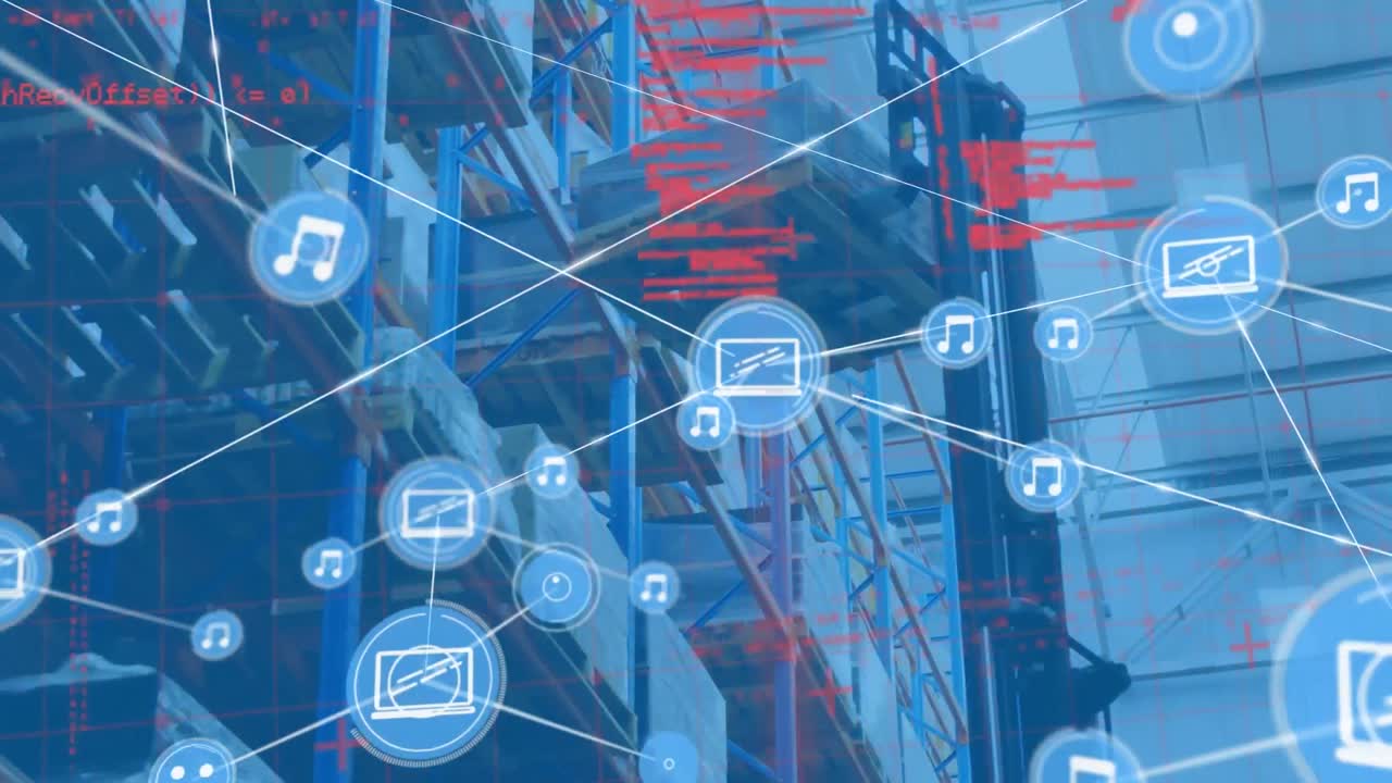 animación del procesamiento de datos y la red de conexiones con iconos sobre el almacén.