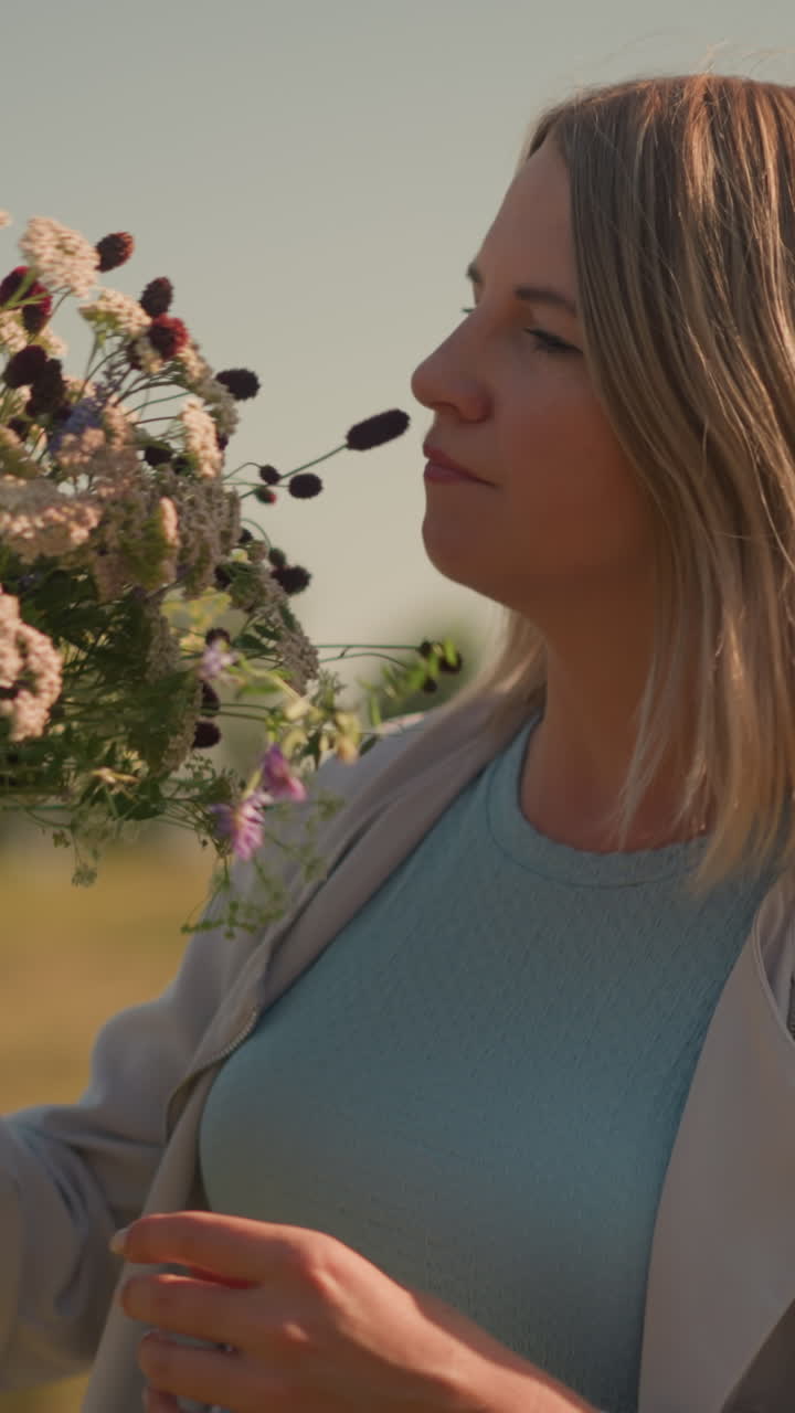 jardinera en vastas tierras de cultivo sonriendo mientras toma el olor de las flores silvestres recién recogidas, sosteniendo un hermoso arreglo floral con árboles lejanos en el fondo, el sol iluminando suavemente el entorno