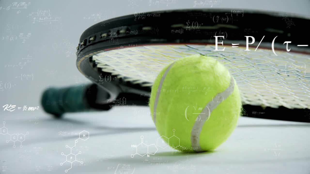 Etter statisk start av racket og ball, dukker formler og kjemiske strukturer opp, visualiserer vitenskap.