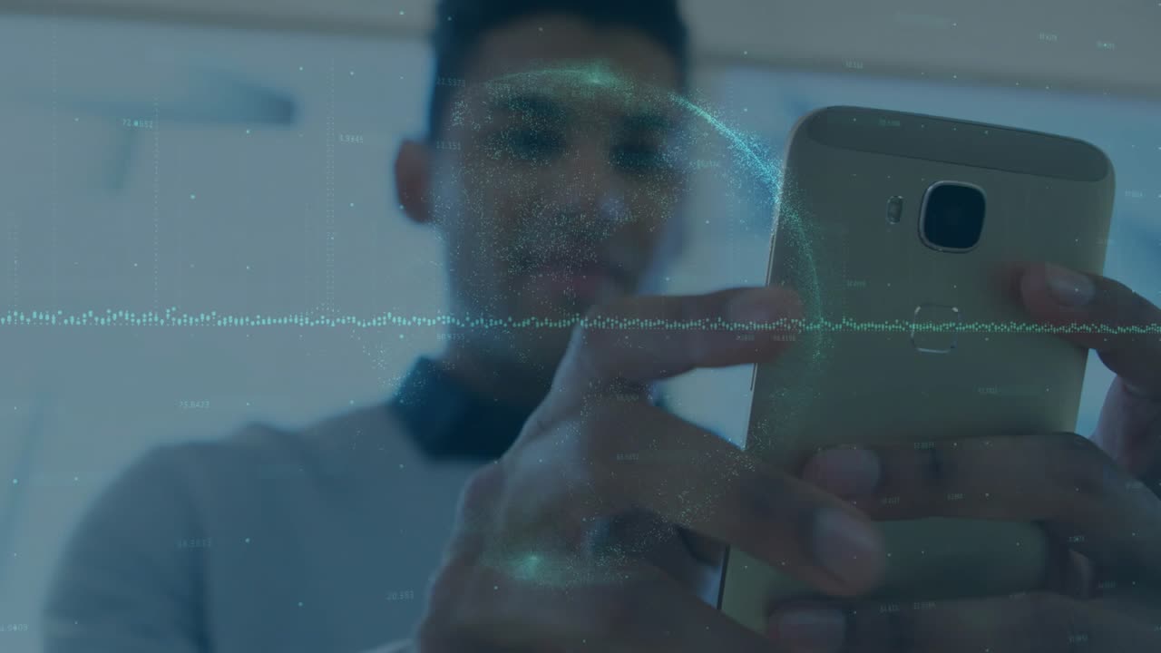 Man raising gold phone, tapping screen and activating tech with waveform overlay and drifting glow