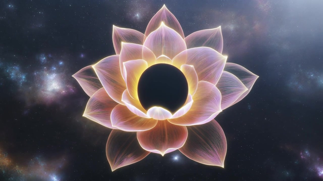 Fiore di loto luminoso che sboccia su uno sfondo di nebulosa spaziale profonda