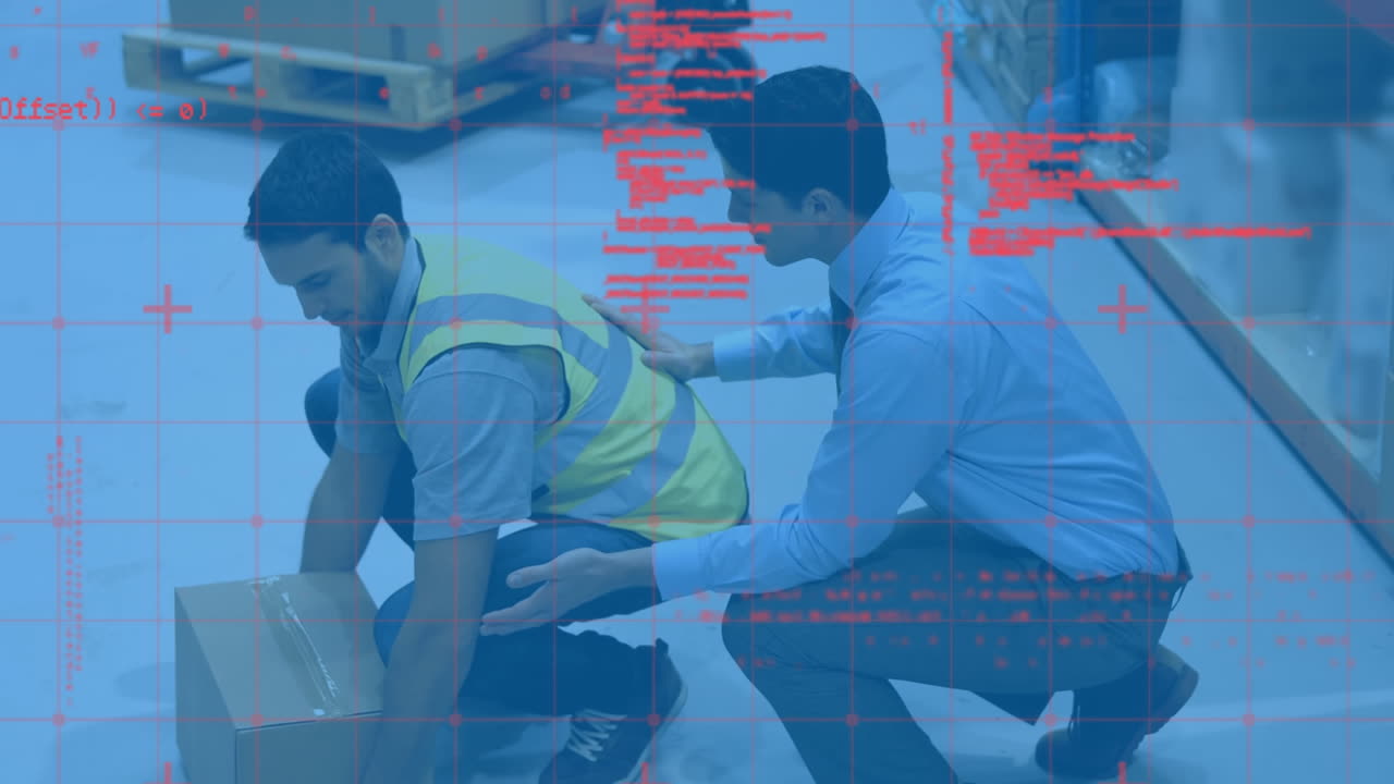 Animation of data processing over men discussing and carrying box in warehouse