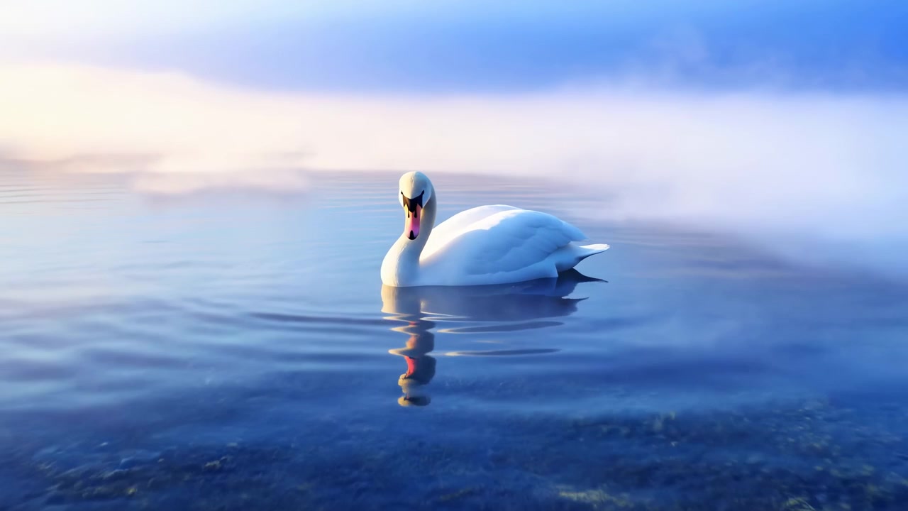a graceful swan glides across a shimmering water surface, surrounded by ripples and a serene sky, evoking a sense of peace and tranquility in a natural setting viewed from a top-down angle.