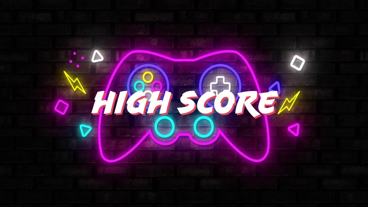 다채로운 네온 게임 패드 위에 높은 점수 텍스트의 애니메이션