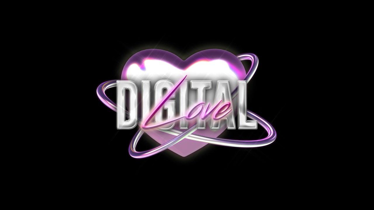 Testo animato 'Amore Digitale' con cuore luminoso e anelli orbitanti