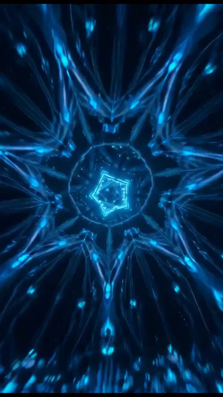 Strisce di luce blu astratte si muovono rapidamente verso l'interno e l'esterno attorno a un cerchio centrale radioso su uno sfondo scuro, creando un effetto tunnel futuristico in rapido movimento.