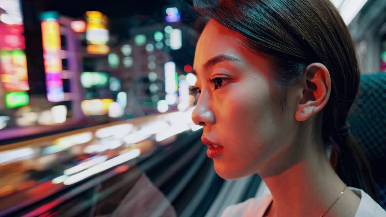 A contemplative video capturing a woman's profile against a backdrop of vibrant city lights