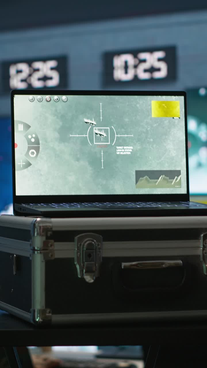 Video verticale: Esperto militare nella base operativa che usa il radar sul notebook.