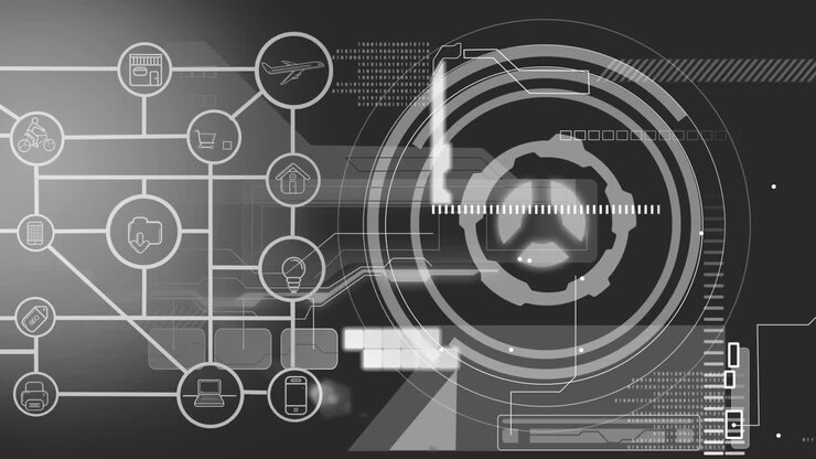 Animation of network of connections scope scanning data processing on black background.