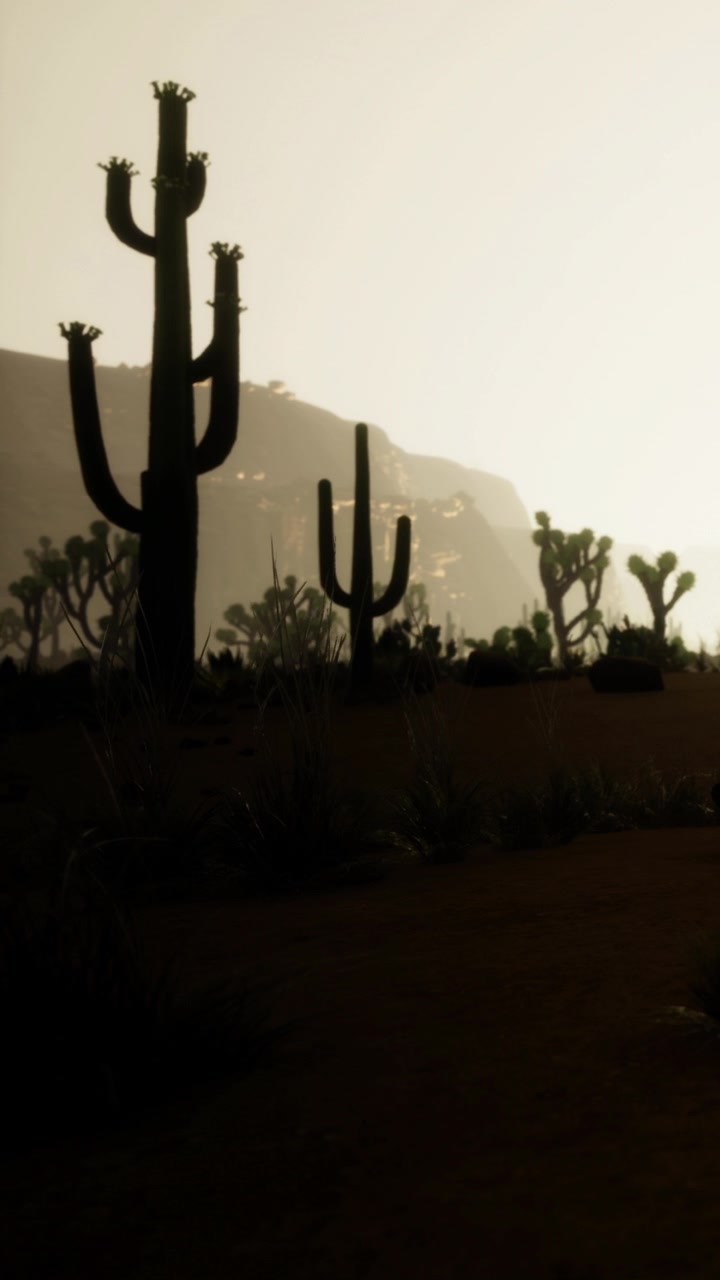 Sagome di cactus al tramonto vicino a una costa rocciosa con paesaggio desertico.