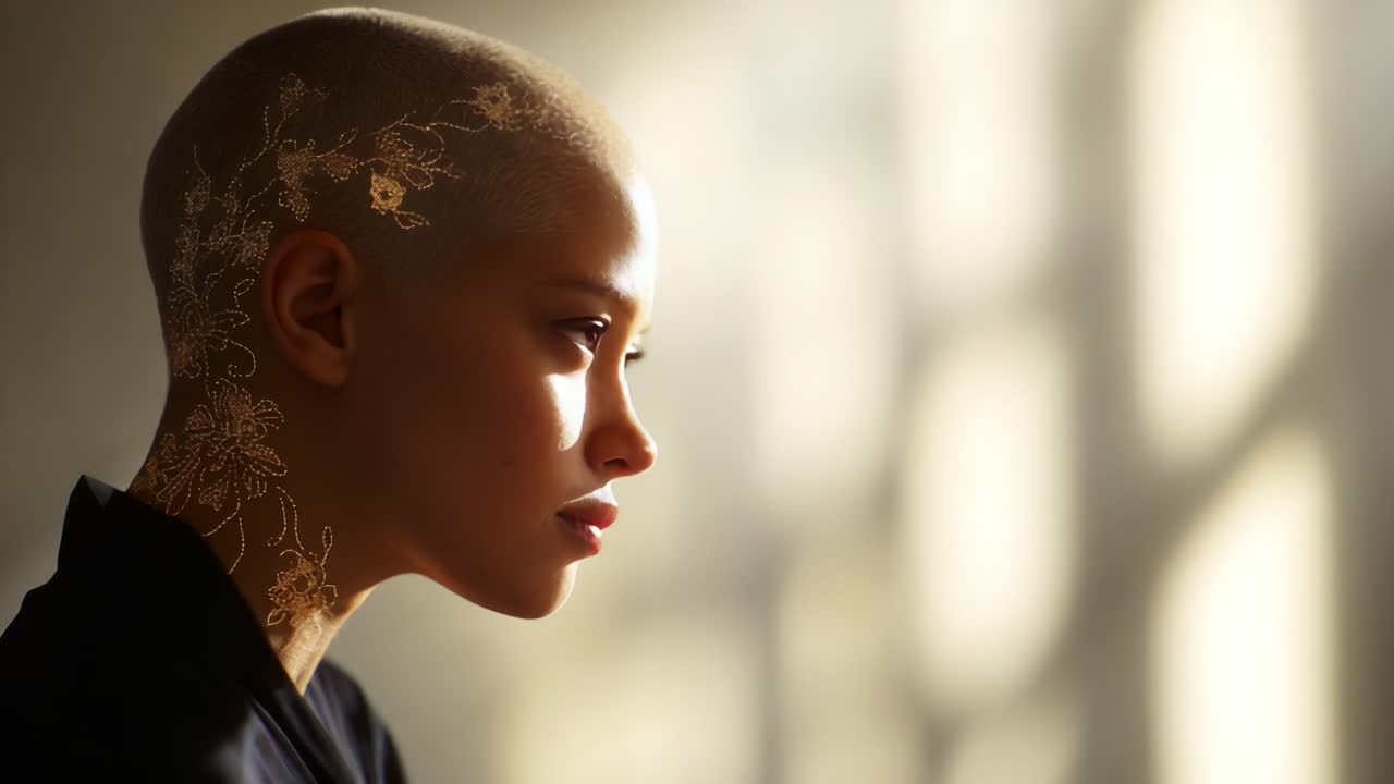 A serene portrait of a woman with a shaved head adorned with delicate golden floral tattoos, captured in soft lighting that emphasizes her profile and serene expression