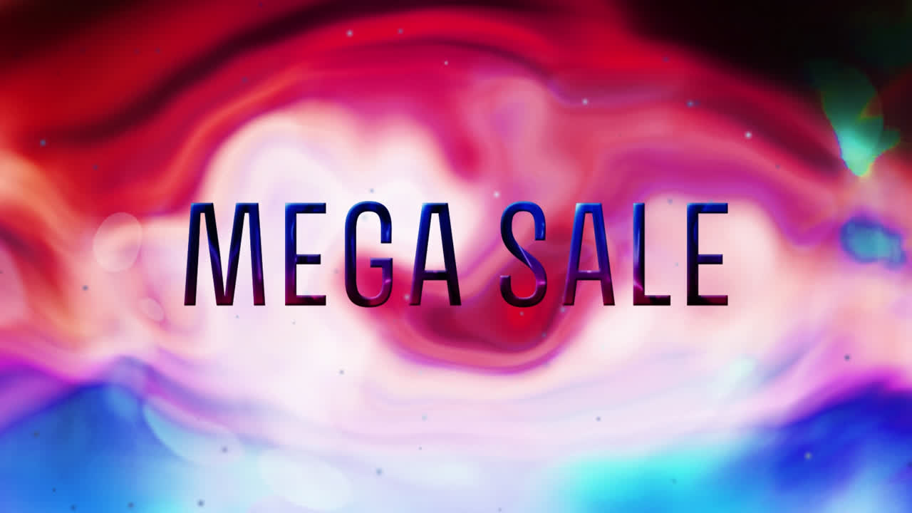 animación del texto de mega venta sobre fondo líquido rojo, rosa y azul
