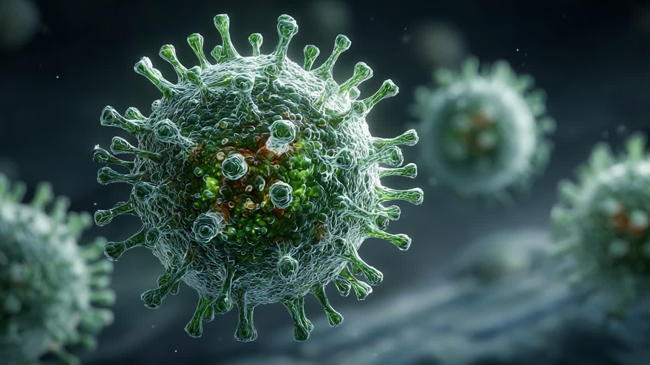 Dynamisk gengivelse af virus under mikroskop: Et dybdegående kig på virusstruktur, overflademorfologi og indviklede funktioner i detaljerede visuelle elementer