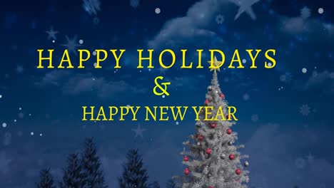 animation of christmas and new year greetings over christmas tree and snow over winter scenery