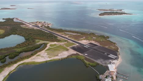 Pista-De-Aterrizaje-De-Los-Roques-Con-Aguas-Serenas-Y-Vegetación-Vibrante-Al-Atardecer,-Timelapse,-Vista-Aérea