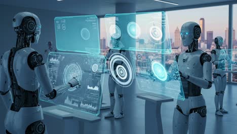 advanced robotic technology showcased in a futuristic setting with interactive holographic displays, highlighting ai interaction and intelligent design in a modern urban background