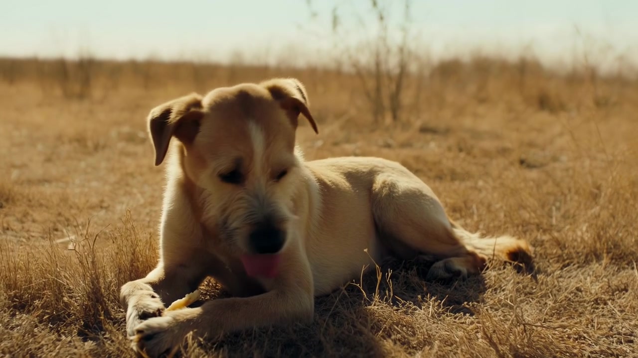 Sunlit Field Dog Chewing Bone Relaxed Tan Canine Resting And Gnawing Small Stick In Dry Grass During Golden