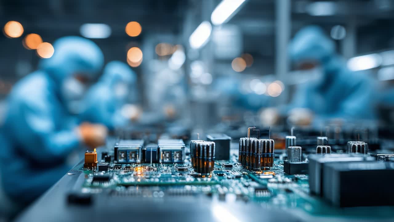 Close-Up of Circuit Board Assembly in a High-Tech Manufacturing Facility, Showcasing Technicians in Protective Gear Engaged in Electronics Production Process