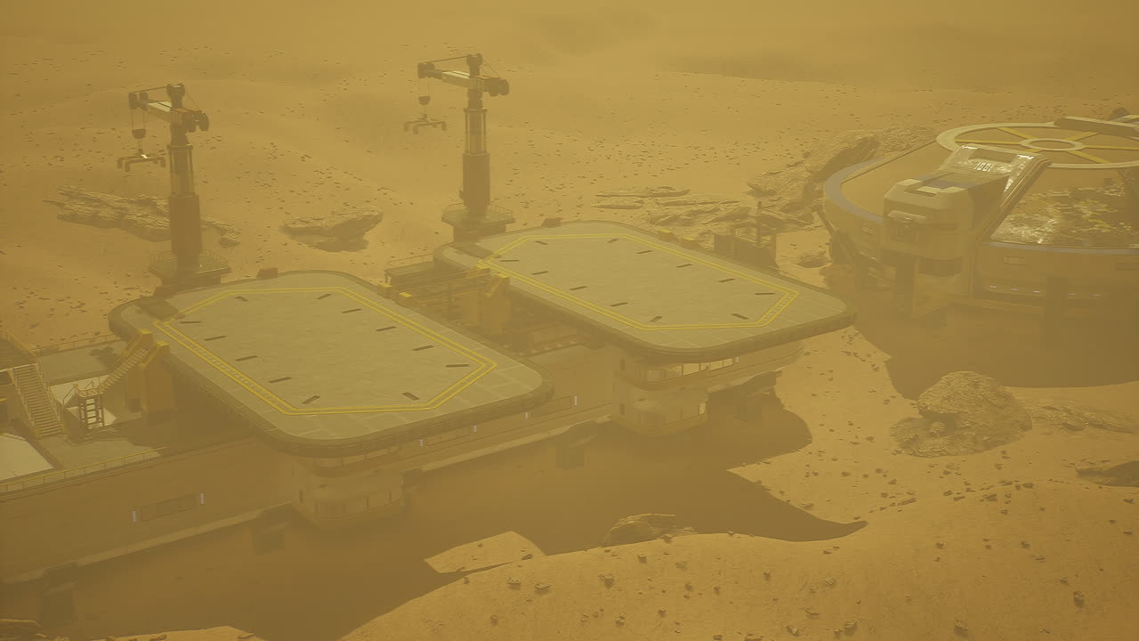 Exploration habitat on mars amidst dusty landscape and distant structures