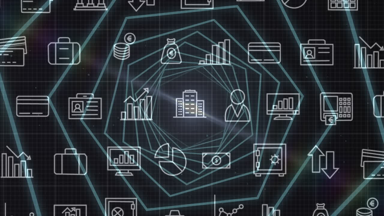 animación de iconos de negocios sobre el túnel sobre fondo negro