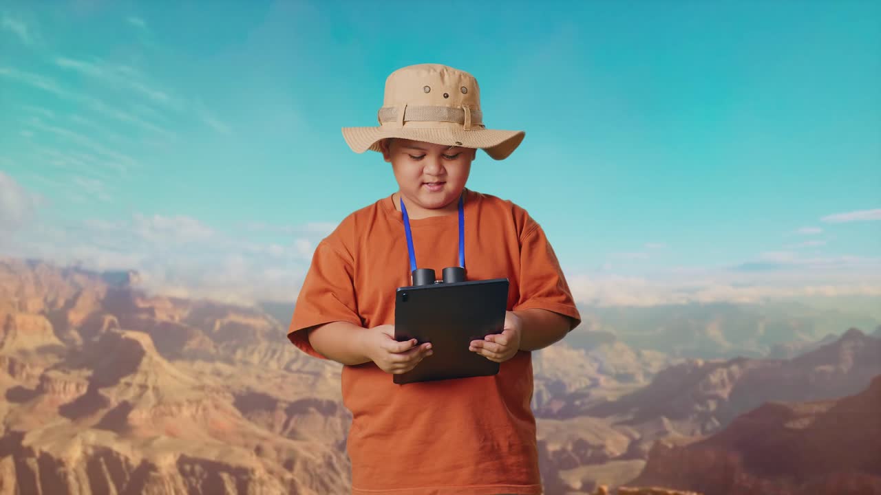 Asian Boy With A Hat And Binoculars Using A Tablet And Smiling While Traveling At The Top Of Mountain. Boy Researcher Examines Something, Travel Tourism Adventure Concept