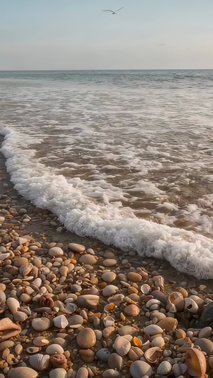 Vertical video: Incoming tide washing pebbles at beach, pushing foam ...