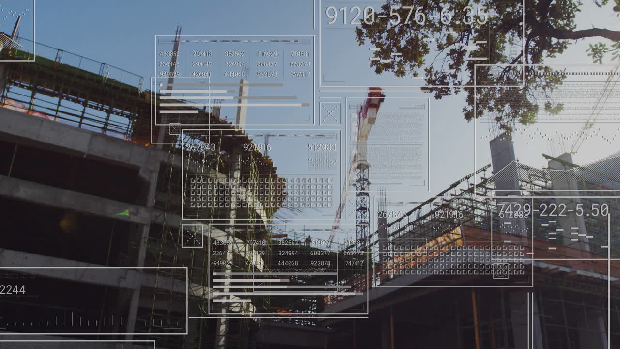 Construction site with digital animation overlay displaying numbers and diagrams