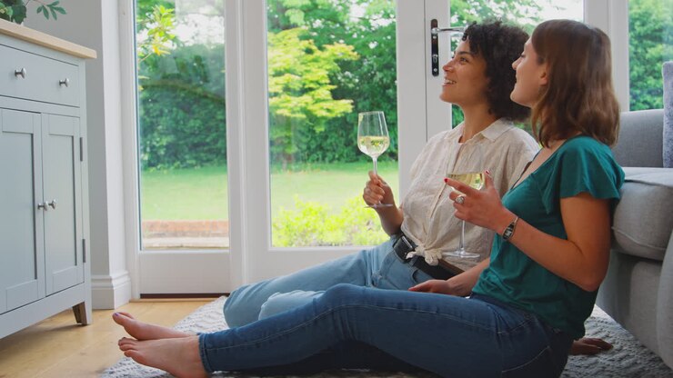Coppia di donne o amiche a casa che si rilassano in salotto guardando la TV e bevendo vino