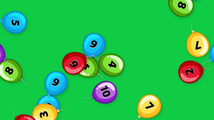 Vibrant numbered balloons drift slowly upward against a solid green screen for easy compositing.