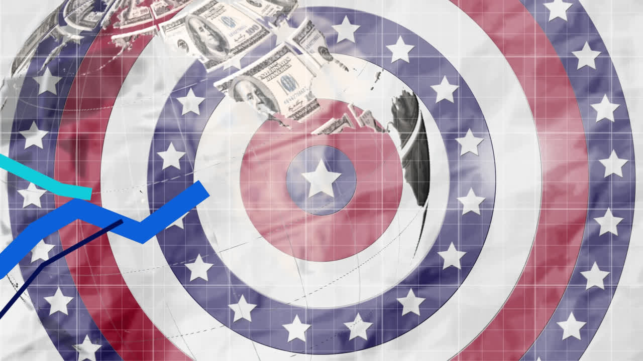 Grafici in movimento e globo fatto di dollari americani su stelle che girano in cerchio