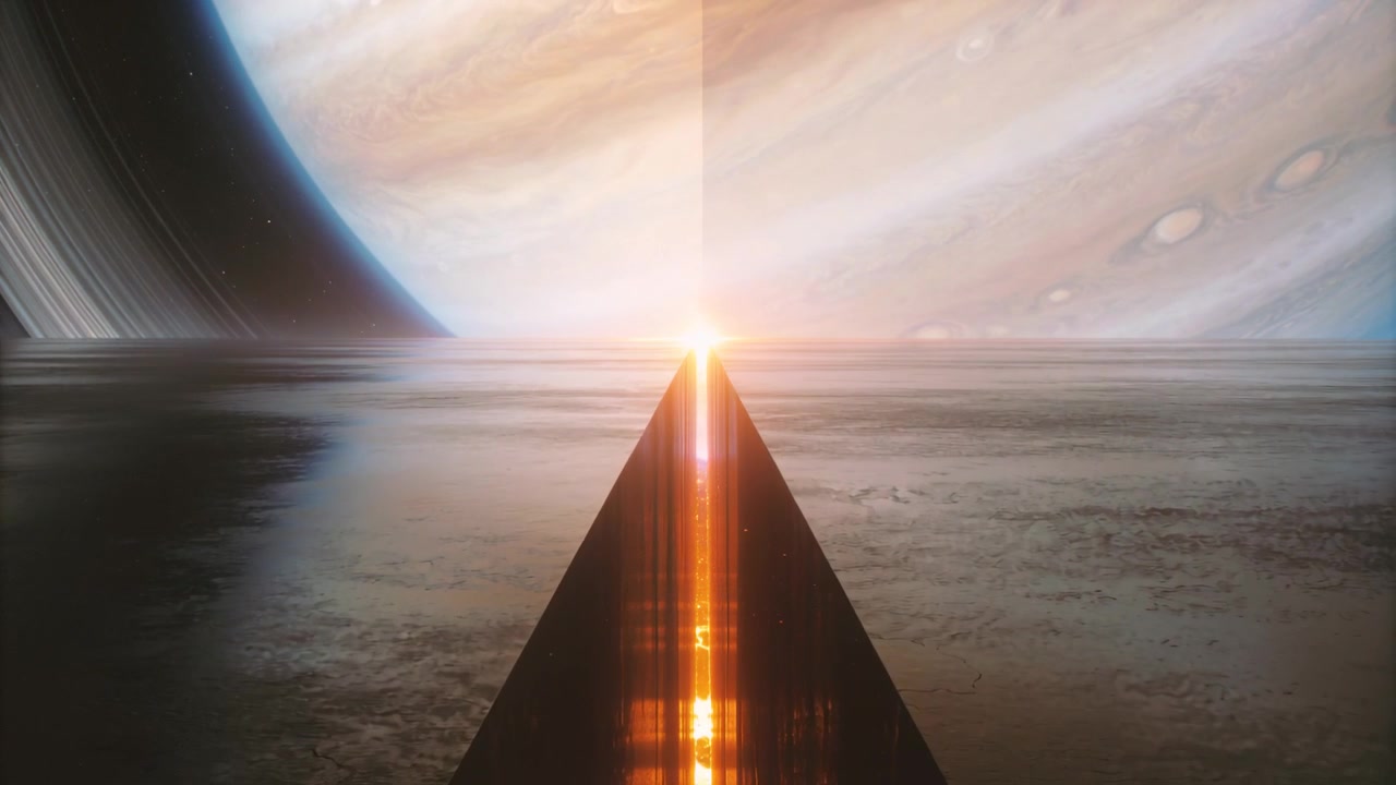 Ligne orange ascendante, monolithe envoyant une lumière vers le haut et un sommet flamboyant, éclairant une mer calme, géant annelé.