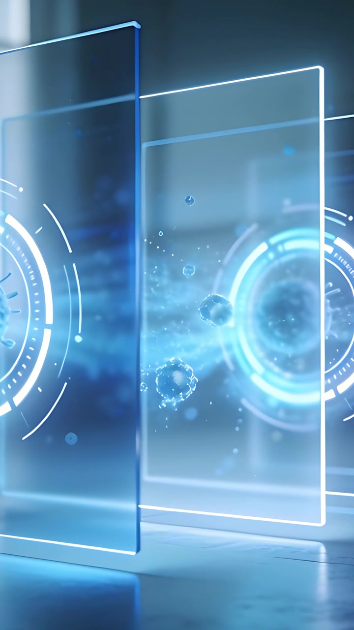 Vertical video: Animating glass panels showing holo HUDs in lab, HUD pulsing moving virus spheres