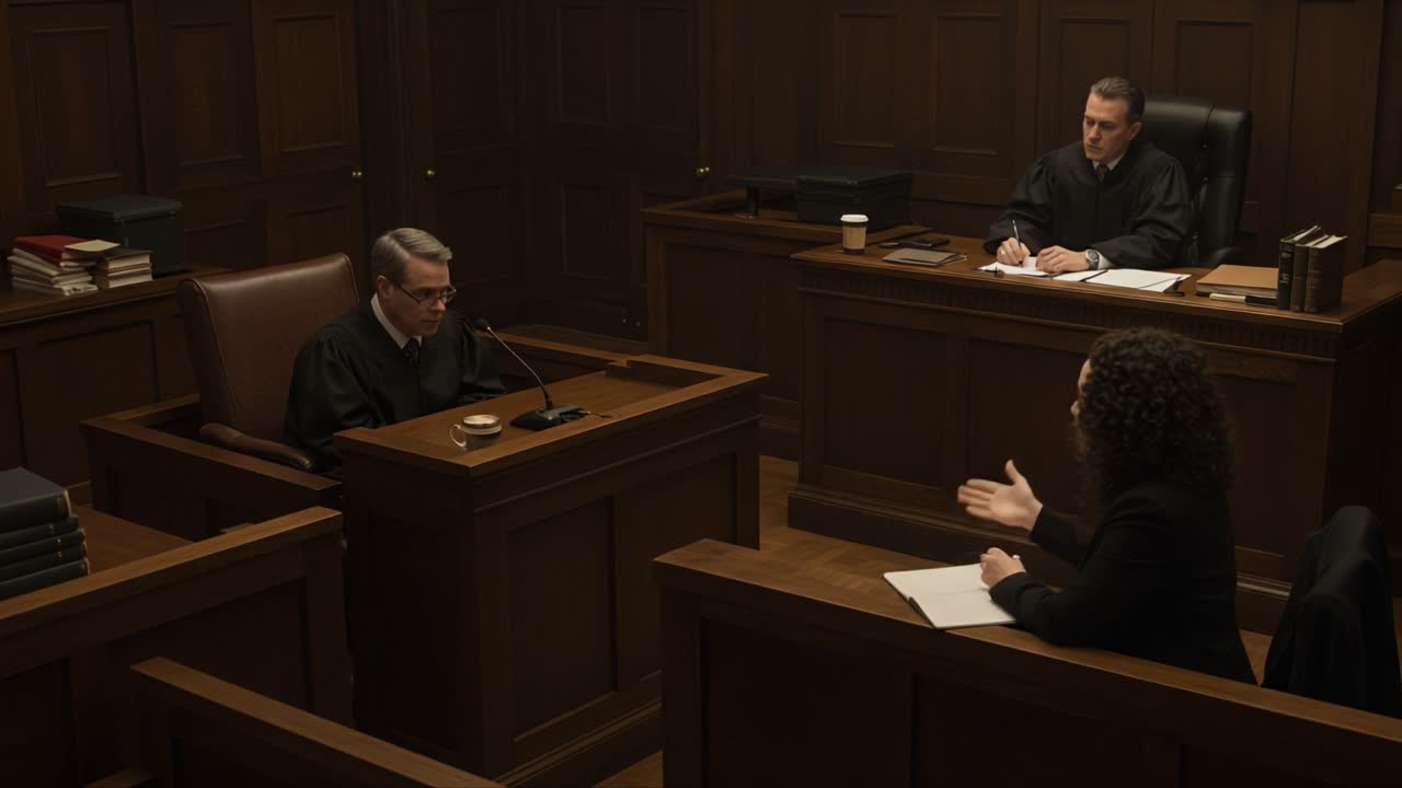 A courtroom scene unfolds as a judge listens attentively to a witness on the stand, while another judge observes and takes notes, highlighting the drama of legal proceedings