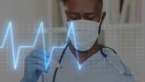 animation of data processing over afrcian american male doctor in face mask