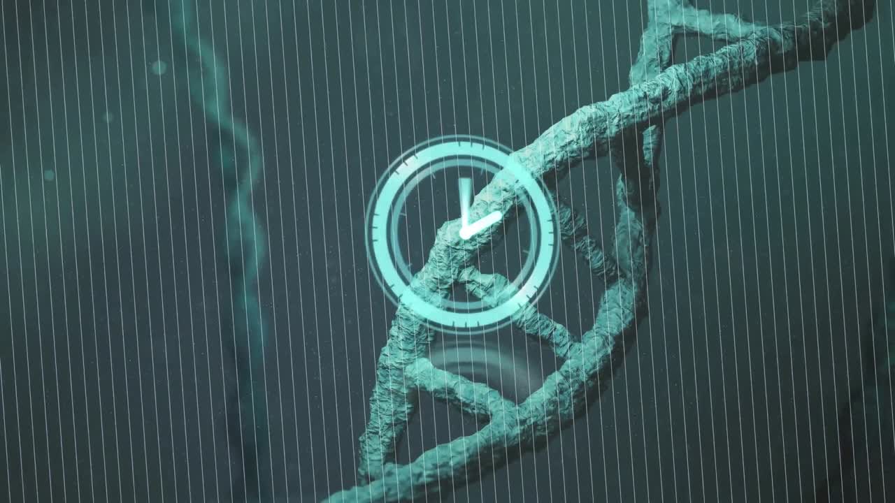 animación de un reloj que se mueve sobre la cadena de adn sobre un fondo negro