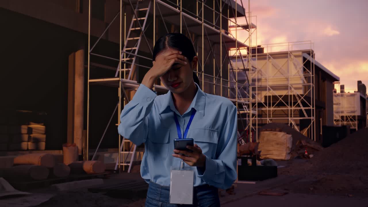 Asian Female With Her Smarphone At Construction Site in Progress to New House, She Is Nodding Her Shead With Dissapionted