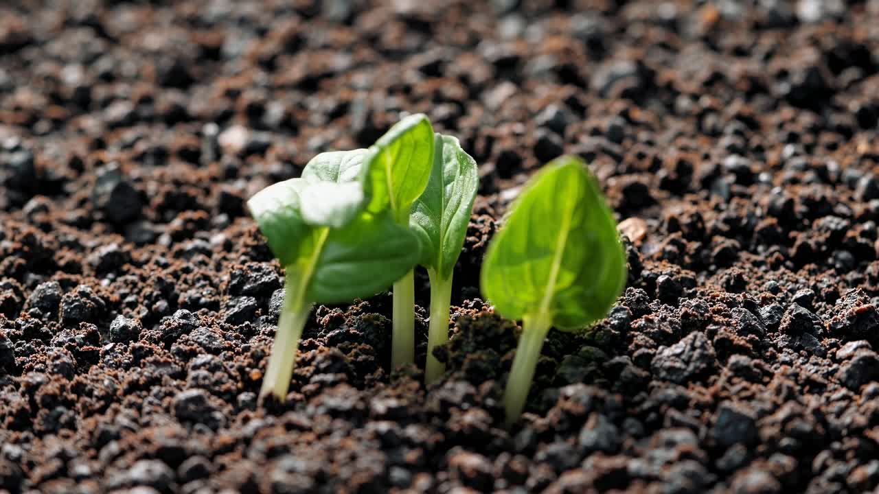 暗く、質感のある土壌から芽生える若い緑色の苗のクローズアップ動画