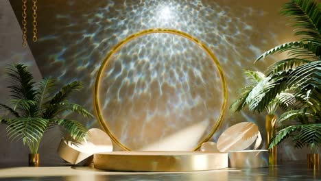 Produktanzeige-Für-E-Commerce-Verkauf,-Rabatt,-Hautpflege-Beauty-Spa-Resort-Konzept-Und-Schmuck,-Gold-Und-Silber,-3D-Rendering-Animation-Für-Online-Einkaufswagen,-Tropische-Umgebung