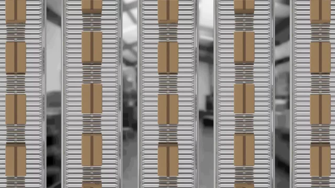 animación de cajas de cartón que se mueven en cintas transportadoras sobre el almacén