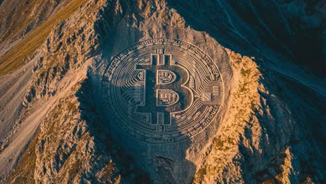 imposing bitcoin emblem carved into mountain landscape, showcasing a unique fusion of nature and cryptocurrency symbolism in an aerial perspective