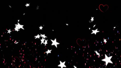 Digital-animation-of-confetti-falling-over-red-heart-and-star-icons-falling-against-black-background