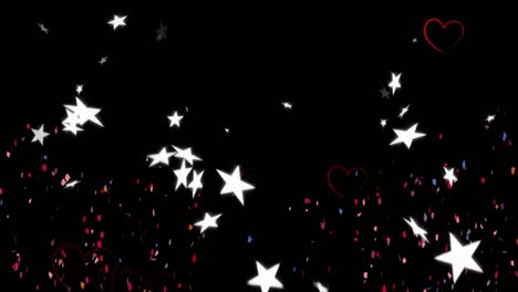 digital animation of confetti falling over red heart and star icons falling against black background