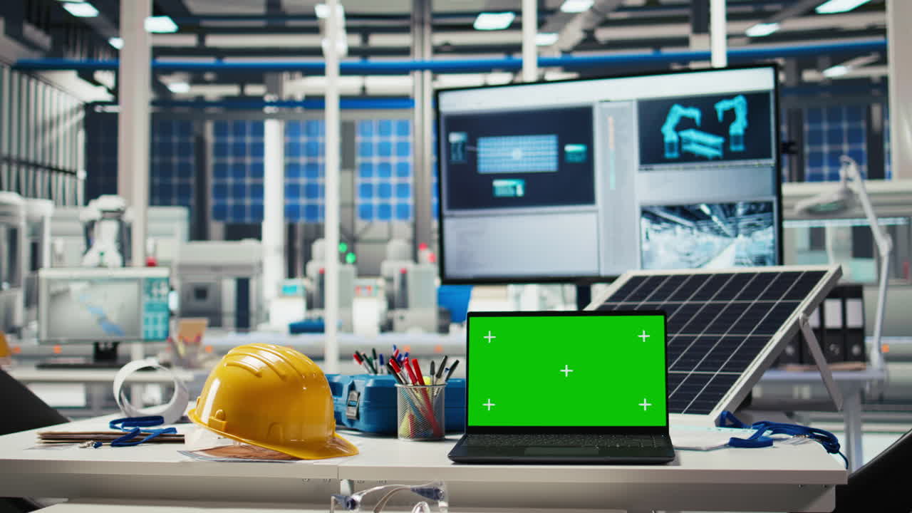 Green Screen Laptop In Photovoltaics Factory Used To Monitor Performance