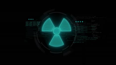 animación del signo nuclear verde y procesamiento de datos con fallo sobre fondo negro