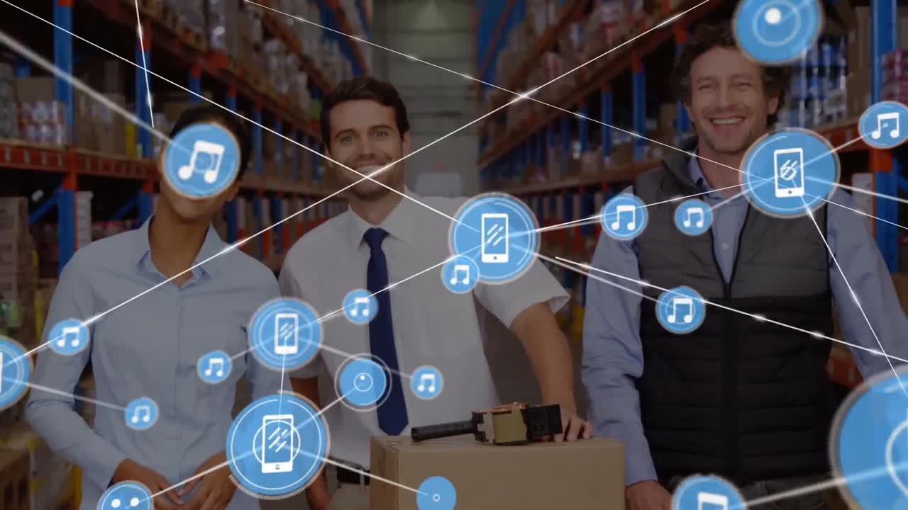 animación de la red de conexiones entre diversos trabajadores en el almacén