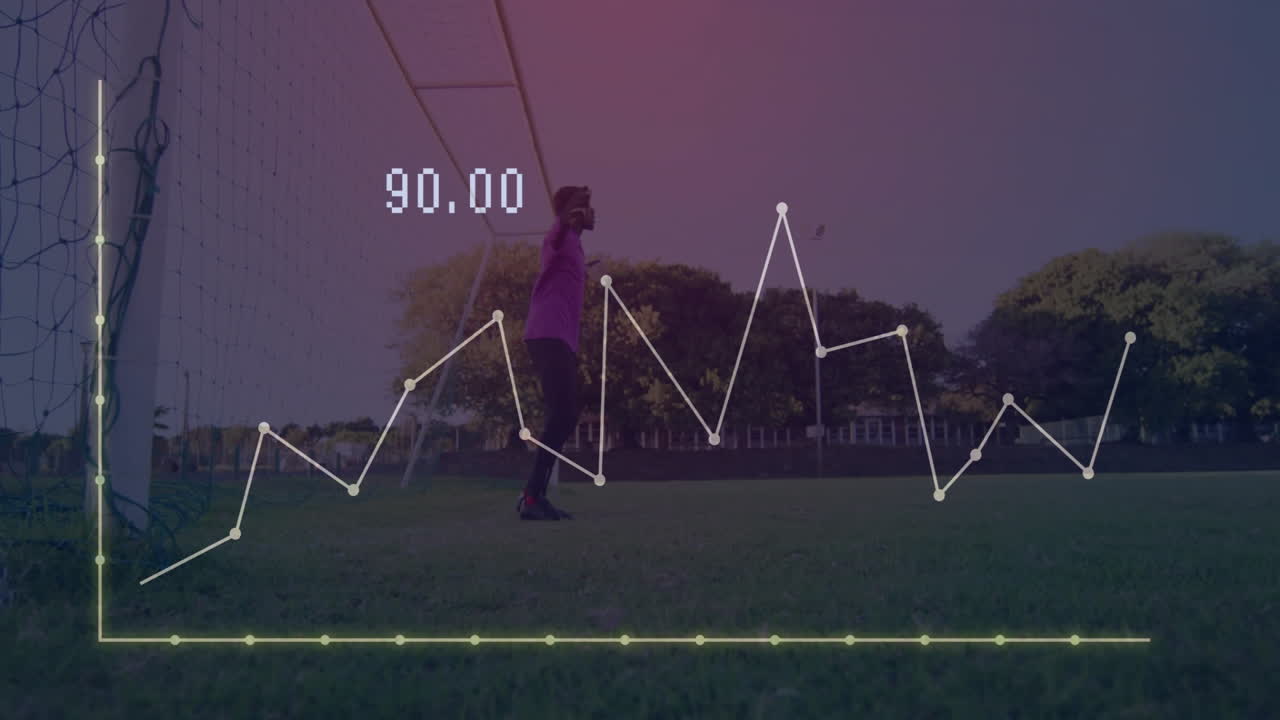 Male athlete raising arms in front soccer goal on grass, overlaying analytics graph showing 90