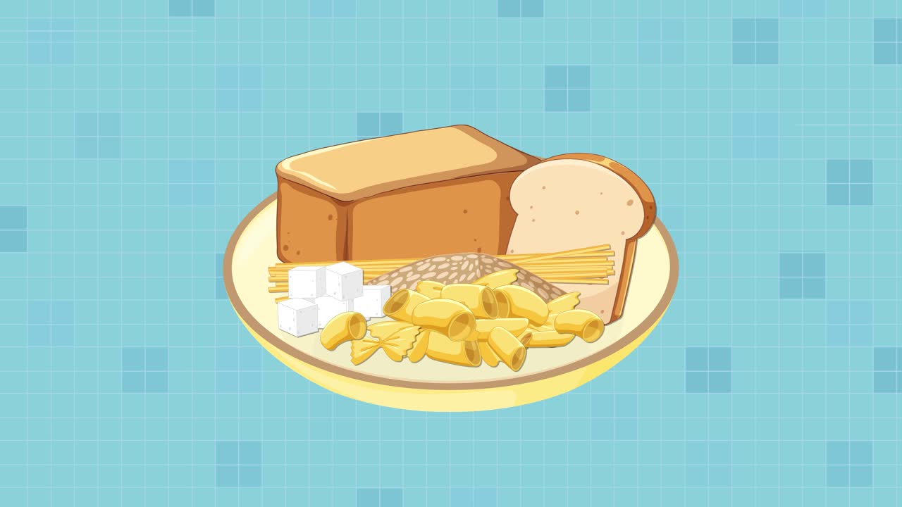 Cartoon plate with bread, pasta, rice, and sugar cubes animates on a light blue background