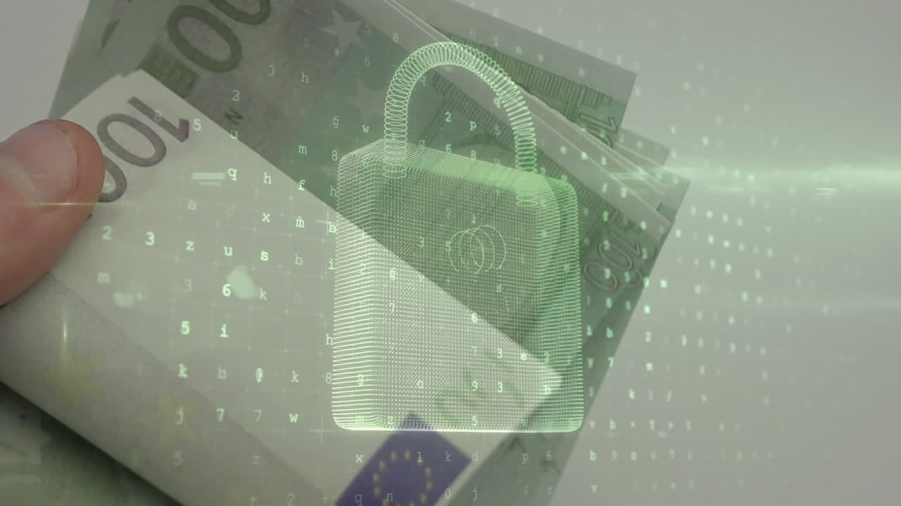 animación de números cambiantes y candado de seguridad sobre el conteo a mano de billetes en euros