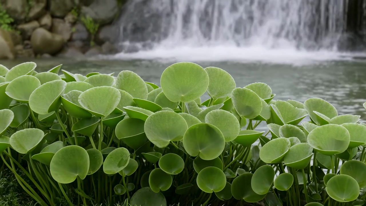 Ninfee verdi lussureggianti vicino a una cascata, vista ravvicinata di foglie rotonde e lucide raggruppate lungo il bordo muschioso dello stagno, delicato.